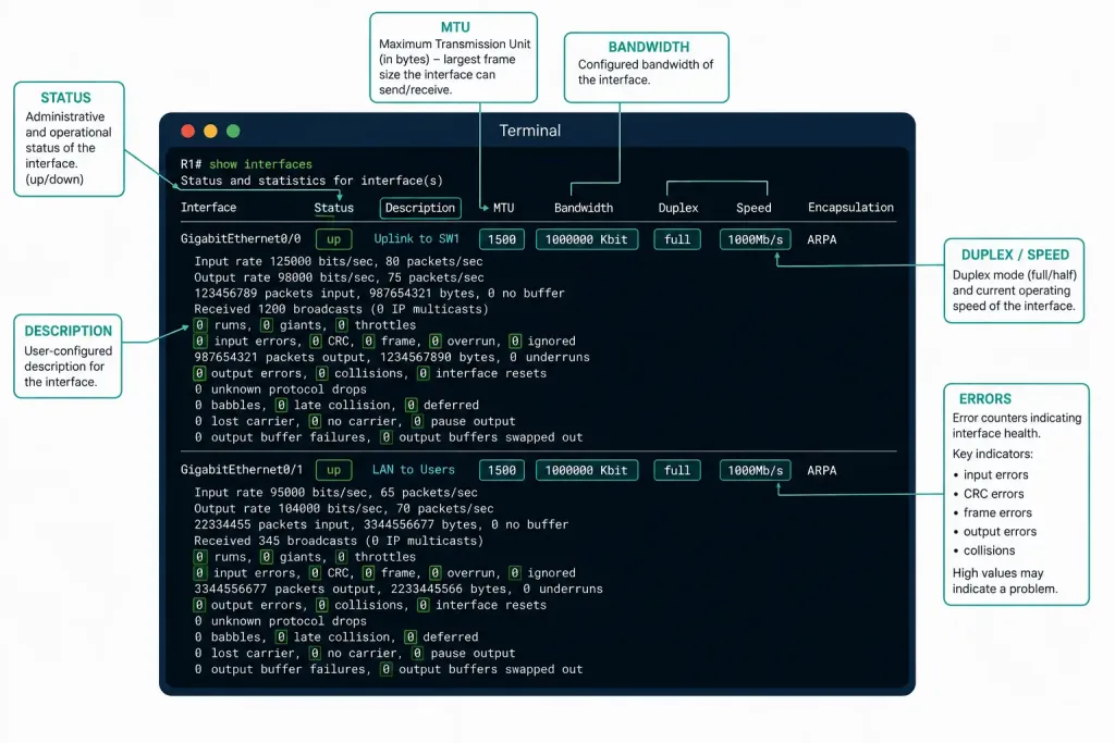How To Verify Cisco Router Interface Settings 2 Annotated Diagram Labeling The Key Fields In Show Interfaces Output
