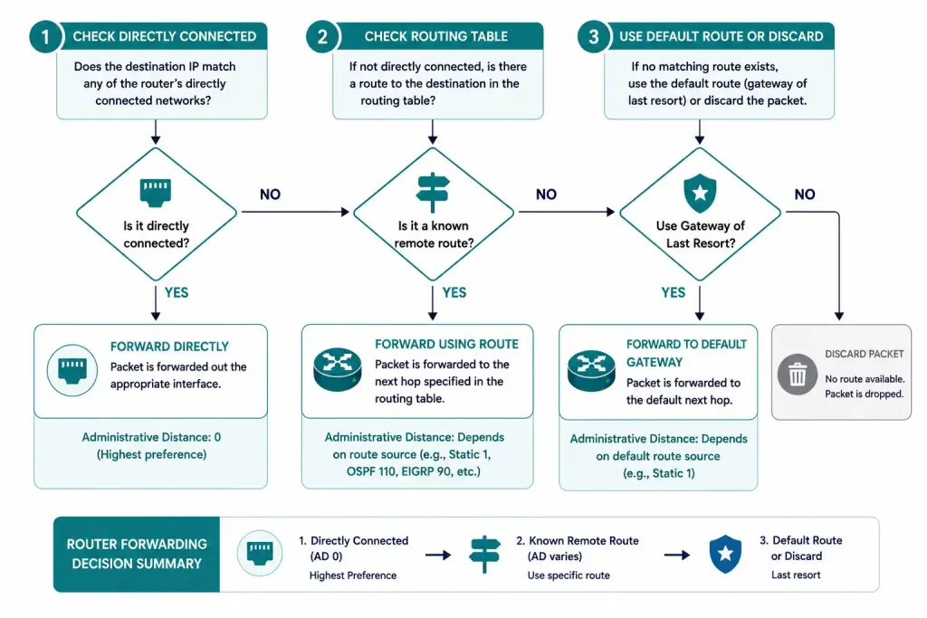Router Path Selection: How Routers Determine The Best Path 3 Flowchart Showing The Router'S Sequential Decision Process From Directly Connected Through Remote Network To Gateway Of Last Resort