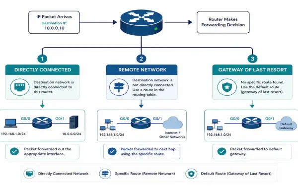 Diagram Showing A Router'S Three-Way Decision Process For Directly Connected, Remote, And Default Route Destinations