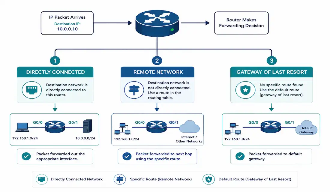 Router Path Selection: How Routers Determine The Best Path 1 Diagram Showing A Router'S Three-Way Decision Process For Directly Connected, Remote, And Default Route Destinations