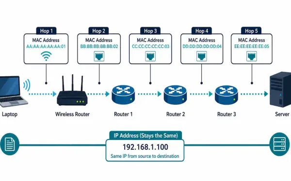 Diagram Showing A Packet'S Mac Address Changing At Each Router Hop While Its Ip Address Stays Constant