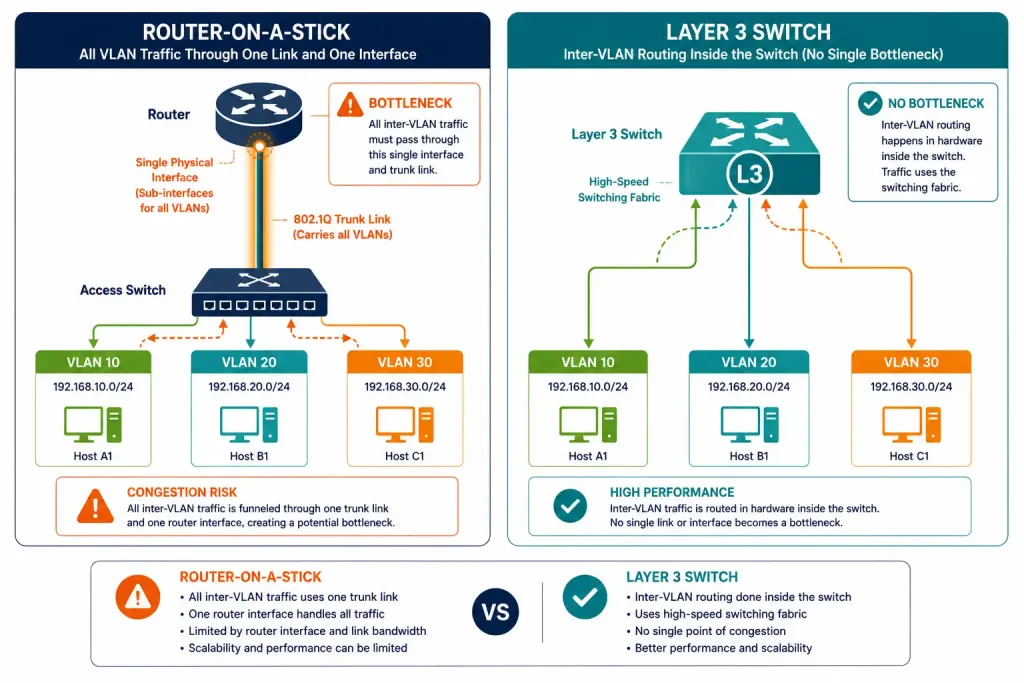 Layer 3 Switches: How They Work, How To Configure Them, And When To Use Them 3 Side-By-Side Comparison Of Router-On-A-Stick Traffic Bottleneck Versus Layer 3 Switch Internal Routing