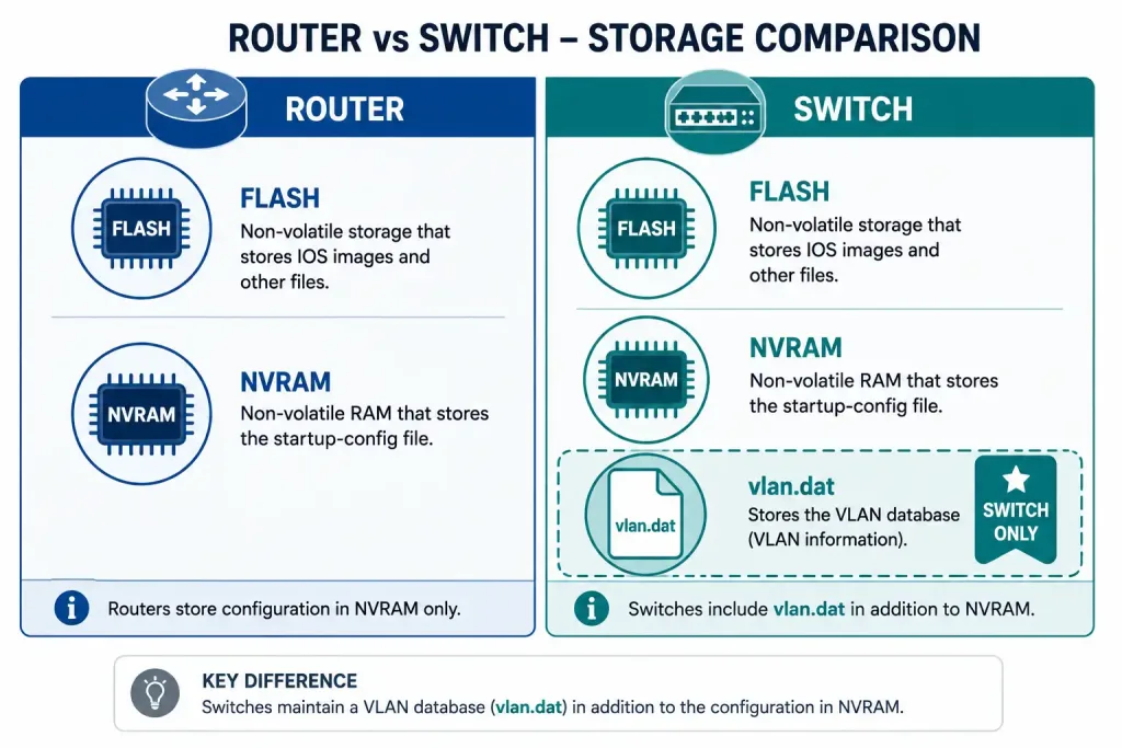 Cisco Router File System: Flash, Nvram, And Backup Methods 3 Comparison Diagram Showing Router And Switch File Systems, Highlighting The Switch-Specific Vlan.dat File