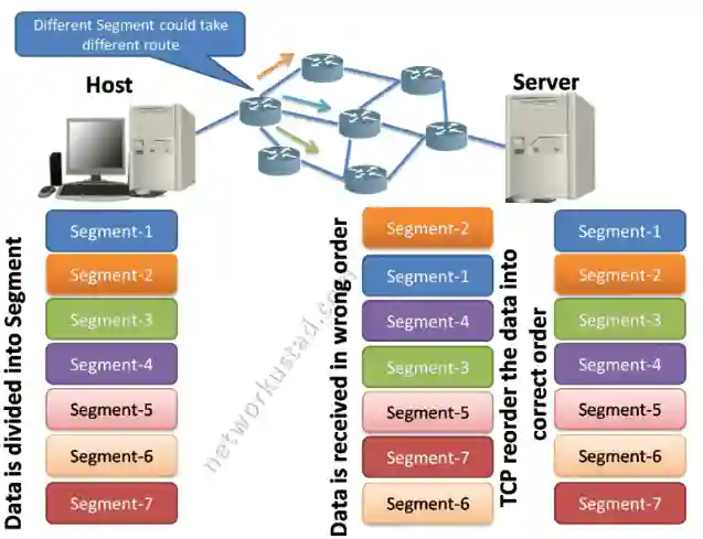 A diagram illustrating TCP reliability and flow control between a Host and Server. It shows data divided into seven segments (1-7) taking different routes through a network, arriving out of order at the Server, and being reordered by TCP into the correct sequence for delivery, with color-coded segments highlighting the process.