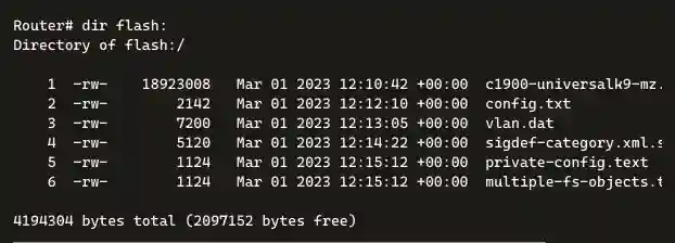 A terminal screenshot showing the output of the "dir flash:" command on a router, displaying the directory contents of the flash memory. The output lists 6 files with details: file number, attributes (-rw-), size in bytes