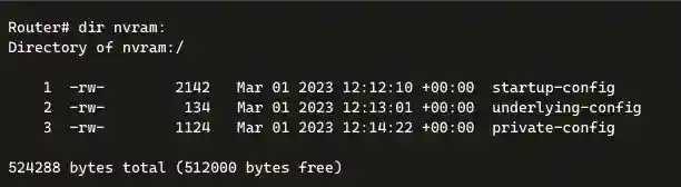 A terminal screenshot showing the output of the "dir nvram:" command on a router, displaying the directory contents of the nvram. The output lists 3 files with details