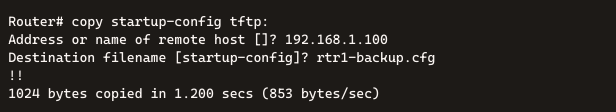 A terminal screenshot showing the execution of the "copy startup-config tftp:" command on a router. The output includes the prompt for the remote host address, entered as 192.168.1.100, and the destination filename, set to rtr1-backup.cfg (defaulting to startup-config). The process successfully copied 1024 bytes in 1.200 seconds at a rate of 853 bytes/second.