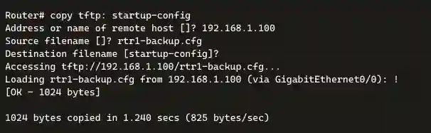 A terminal screenshot showing the execution of the "copy tftp: startup-config" command on a router. The output includes the prompt for the remote host address, entered as 192.168.1.100, and the source filename, set to rtr1-backup.cfg. The destination filename defaults to startup-config. The process accesses and loads the rtr1-backup.cfg file from 192.168.1.100 via GigabitEthernet0/0, successfully copying 1024 bytes in 1.240 seconds at a rate of 825 bytes/second.