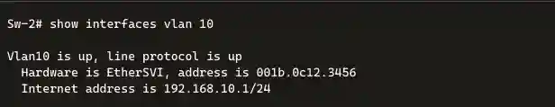CLI output from Cisco switch Sw-2# showing the result of the show interfaces vlan 10 command. The screen confirms that VLAN 10 is up, and the line protocol is also up. The interface type is EtherSVI with MAC address 001b.0c12.3456. The assigned IP address for VLAN 10 is 192.168.10.1/24. This output is useful for verifying VLAN 10’s Layer 3 interface status and IP configuration.