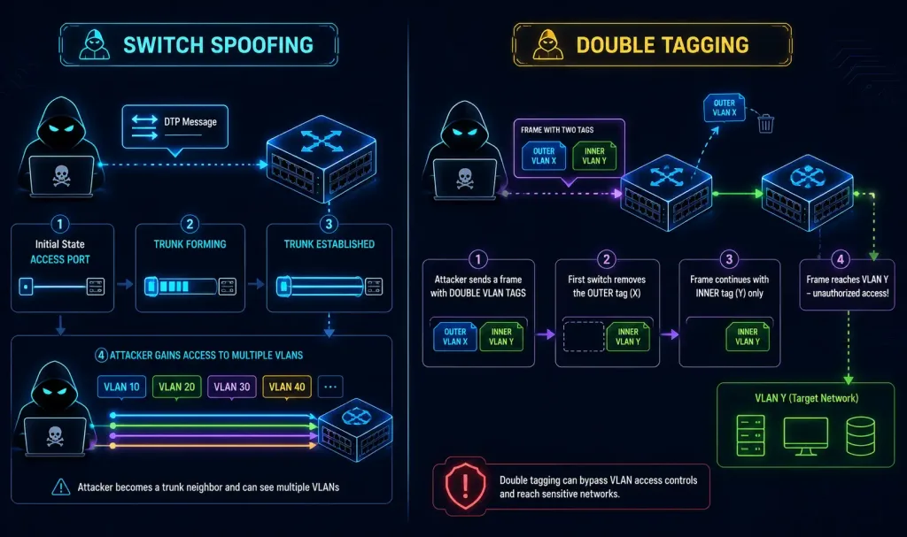 Dynamic Trunking Protocol (Dtp) Explained 3 Side-By-Side Diagram Showing Switch Spoofing, Where An Attacker Negotiates A Trunk Via Dtp, And Double Tagging, Where An Attacker'S Frame With Two Stacked Vlan Tags Reaches An Unauthorized Vlan