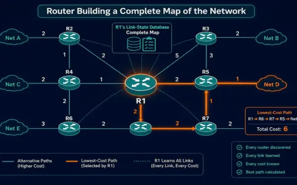 A Router Building A Complete Topology Map And Tracing The Lowest-Cost Path Through It