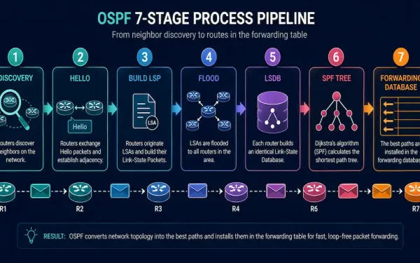 A Seven-Stage Pipeline Showing The Complete Link-State Routing Process From Discovery To Forwarding