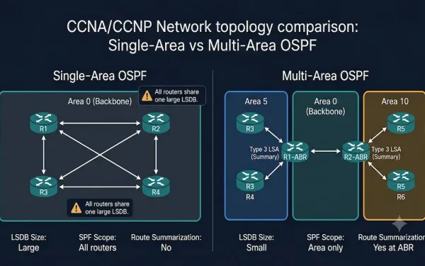 Side-By-Side Comparison Of Single-Area Ospf With All Routers In One Area 0 Box Versus Multi-Area Ospf With Area 0 Backbone Connecting Area 5 And Area 10 Through Abr Routers, Showing Type 3 Lsa Summary Labels On Inter-Area Connections