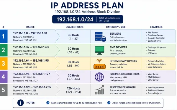 Diagram Showing A 192.168.1.0/24 Subnet Divided Into Four Labeled Categories With Reserved Growth Space