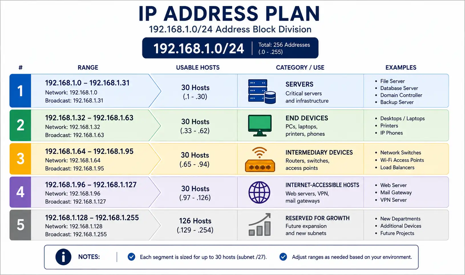 Ip Address Planning For A Small Network 1 Diagram Showing A 192.168.1.0/24 Subnet Divided Into Four Labeled Categories With Reserved Growth Space