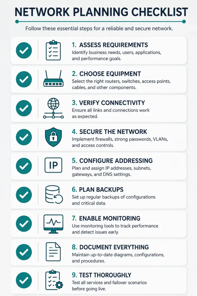 Small Network Topologies: Design, Configuration, And Growth Planning 3 Checklist Infographic Showing The Key Steps For Planning A Small Network