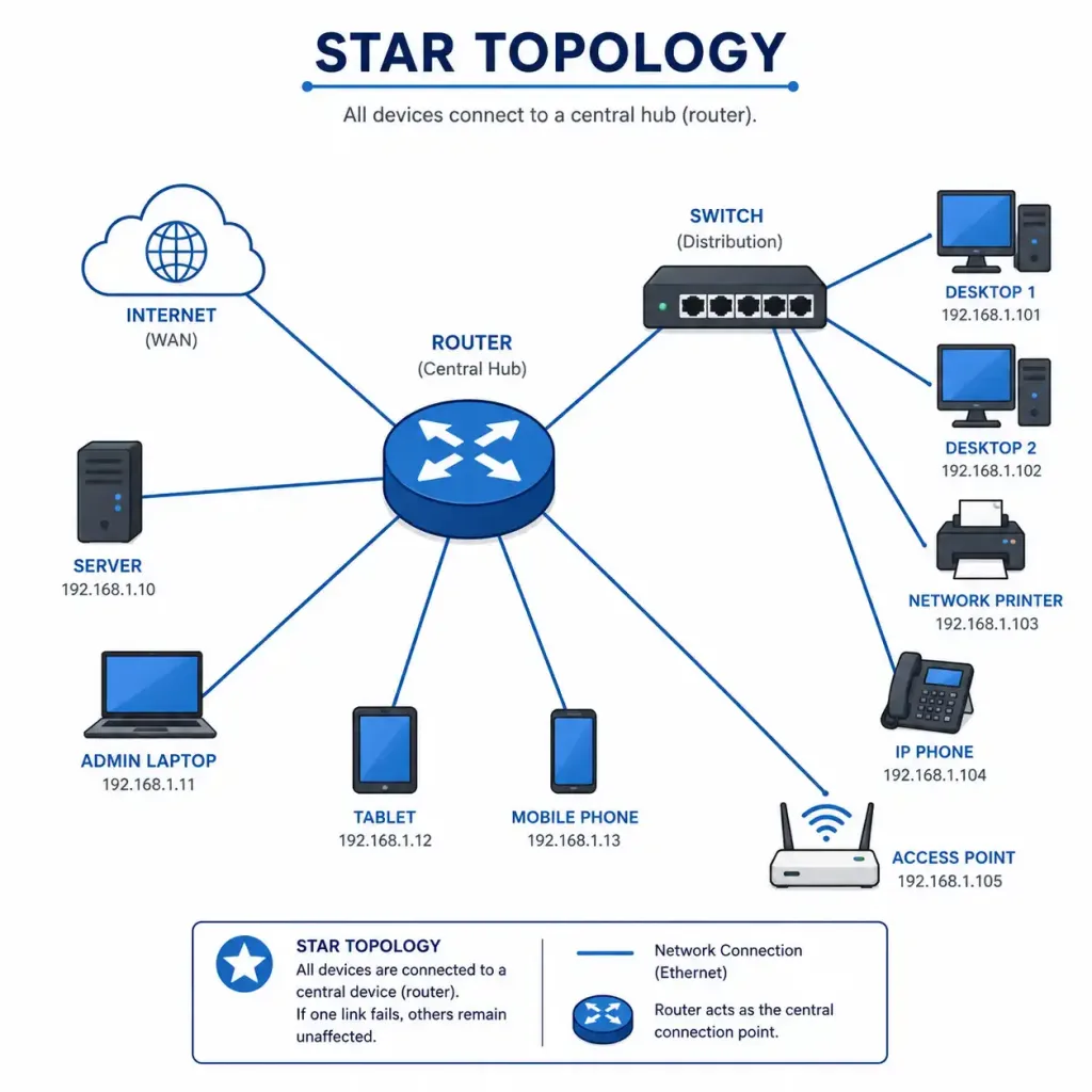 Small Network Topologies: Design, Configuration, And Growth Planning 2 Star Topology Diagram Showing A Router And Switch As Central Hubs Connecting To End Devices