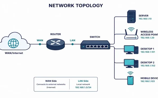 Diagram Of A Small Network Topology Showing A Router, Switch, Server, Access Point, And Connected Client Devices