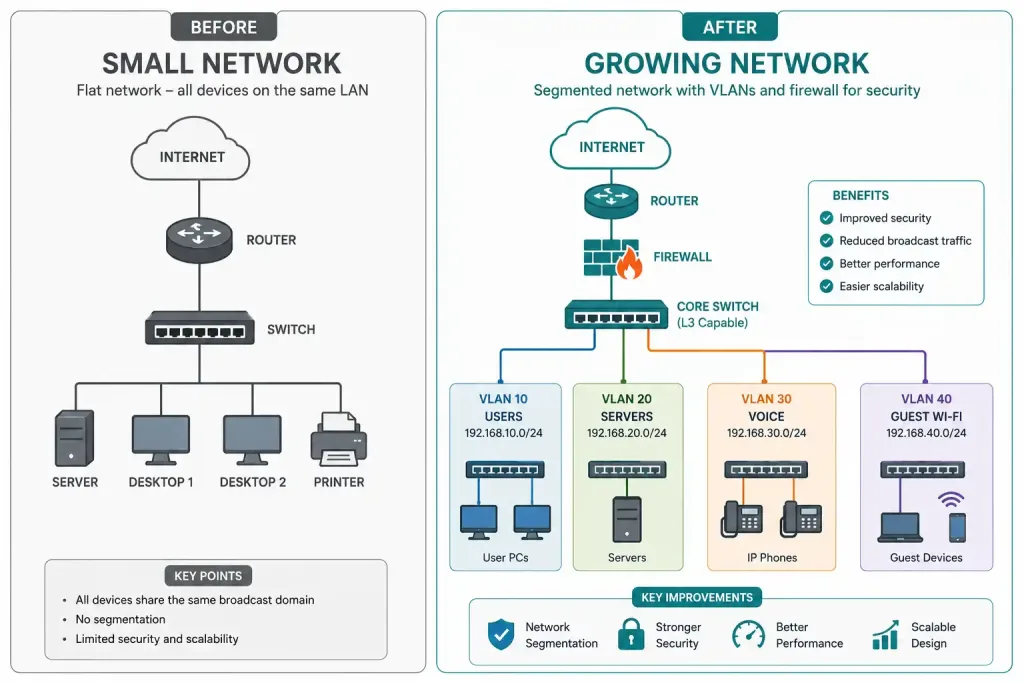 Small Network Topologies: Design, Configuration, And Growth Planning 4 Before-And-After Diagram Showing A Small Flat Network Topology Evolving Into A Vlan-Segmented Growing Network
