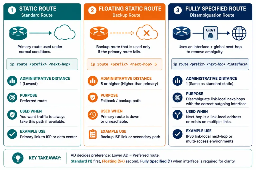 The Ipv6 Route Next-Hop Option: Global Vs. Link-Local, Explained 4 Three-Column Comparison Of Standard, Floating, And Fully Specified Ipv6 Static Route Forms