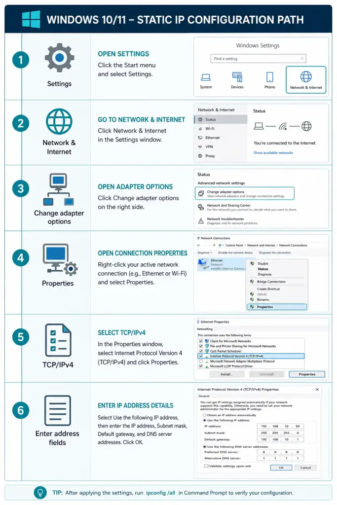 How To Assign An Ip Address On A Windows Pc 2 Six-Step Workflow Diagram Showing How To Configure A Static Ip Address On Windows 10 Or 11
