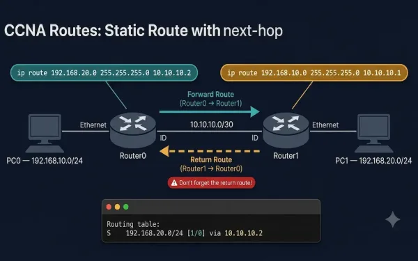 Network Topology Diagram Showing Router0 And Router1 Connected With Forward And Return Static Route Command Pills, Pc0 On The 192.168.10.0/24 Network On The Left And Pc1 On The 192.168.20.0/24 Network On The Right, With A Warning Badge Highlighting The Return Route Requirement
