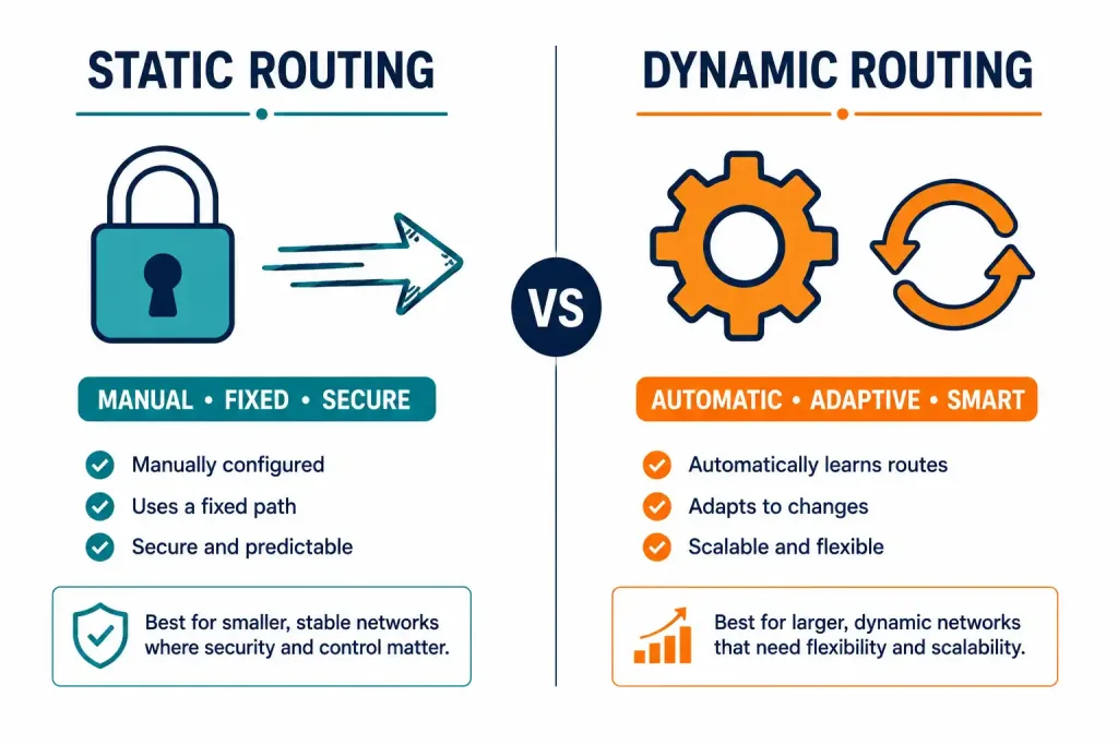Static Routing Vs Dynamic Routing: Complete Explanation 2 Icon Comparison Of Static Routing'S Manual Security Versus Dynamic Routing'S Automatic Adaptability