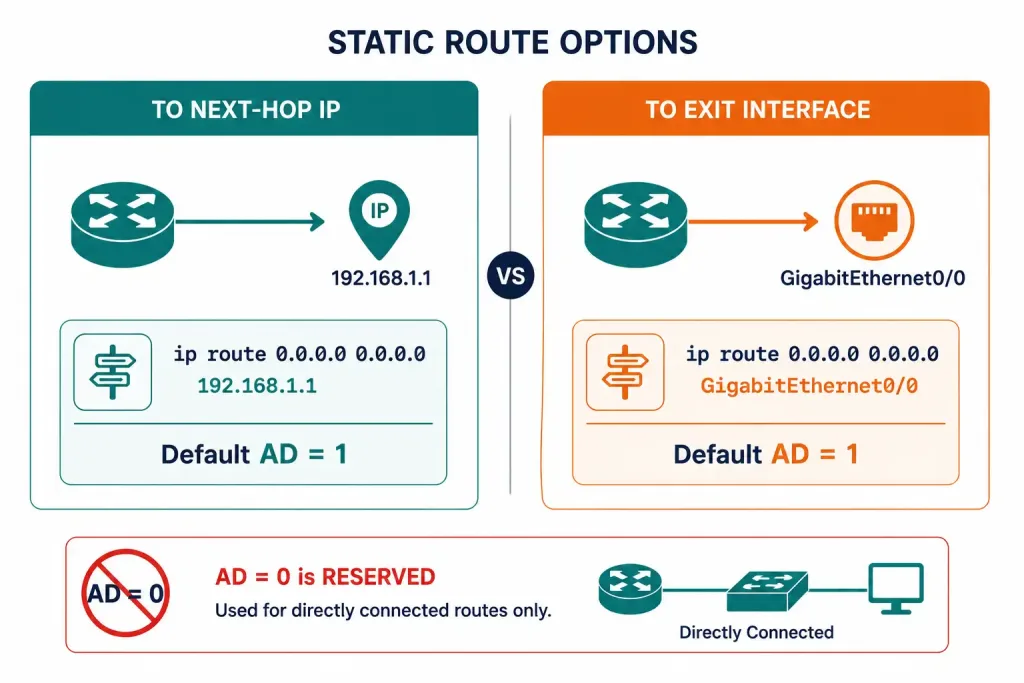 The Ip Route Command: Syntax And Parameters Explained 2 Comparison Showing Both Next-Hop And Exit-Interface Static Routes Default To Administrative Distance 1