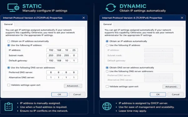 Split Illustration Comparing Static Ip Configuration With Manually Entered Fields Against Dynamic Dhcp Configuration