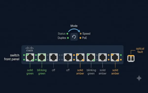 Cisco Switch Front Panel Showing Port Leds In Solid Green, Blinking Green, Off, And Solid Amber States, With A Mode Button Cycling Through Status, Duplex, Speed, And Poe Display Modes, Plus A Fiber Sfp Module With An Optical Fault Indicator