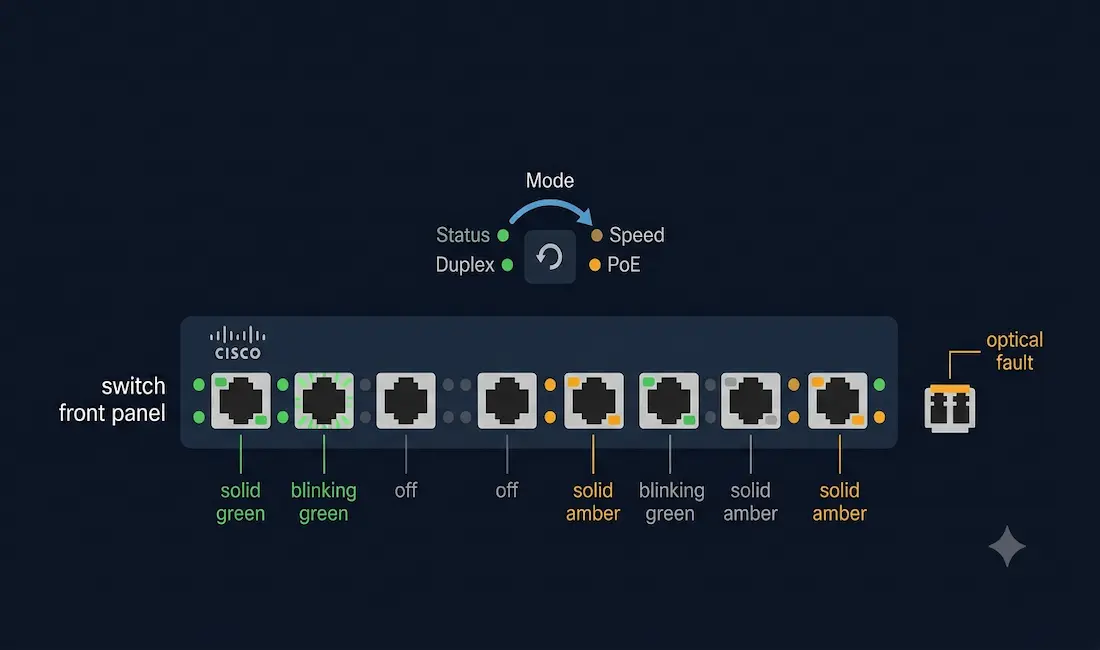 Introduction To Status Leds Of Ethernet And Network Devices 1 Cisco Switch Front Panel Showing Port Leds In Solid Green, Blinking Green, Off, And Solid Amber States, With A Mode Button Cycling Through Status, Duplex, Speed, And Poe Display Modes, Plus A Fiber Sfp Module With An Optical Fault Indicator