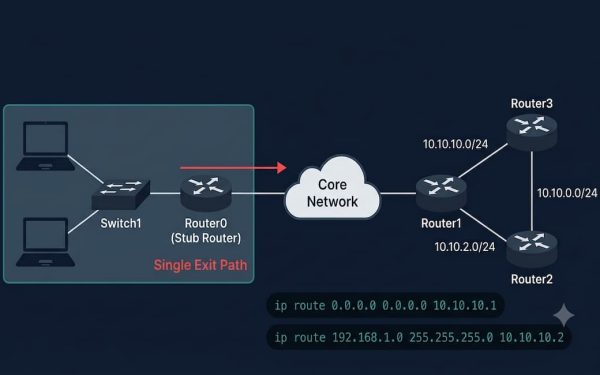 Cisco Network Topology Diagram Showing Stub Router0 Connected To Laptops Via Switch1 With A Single Exit Uplink To Core Routers Router3, Router1, And Router2, With Subnet Labels And Default Route Command Pills