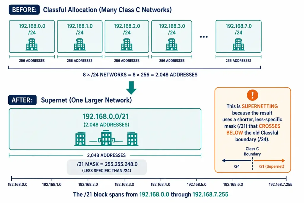From Classful Network Addressing To Cidr And Fixed-Length Subnet Masking 5 Diagram Showing Multiple Class C Blocks Merging Into One Supernet With A Mask Shorter Than /24
