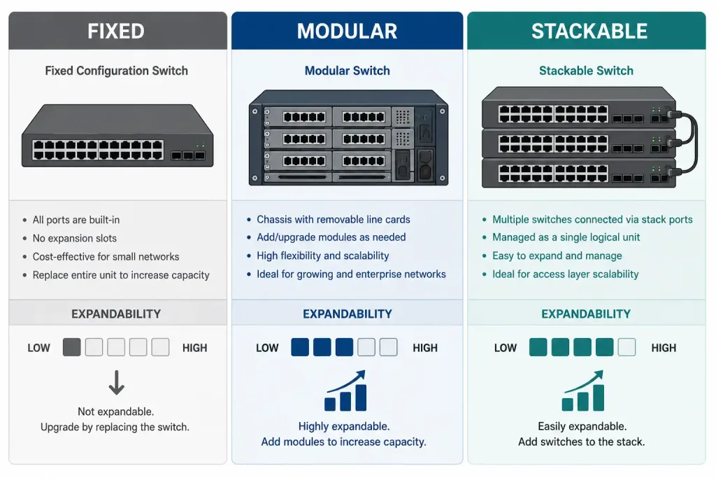 The Role Of Switched Networks: From Flat Lans To Hierarchical Design 5 Comparison Chart Of Fixed, Modular, And Stackable Switch Form Factors