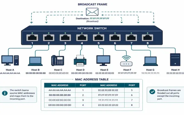 Diagram Of A Network Switch With Eight Ports Connected To Hosts And A Mac Address Table Showing Address-To-Port Mappings