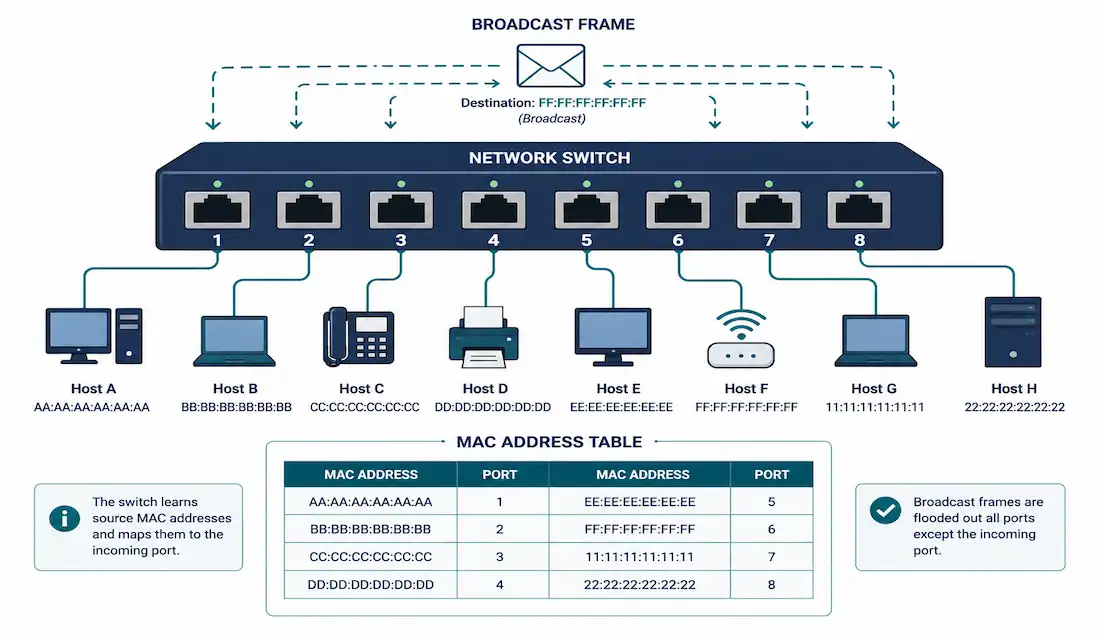 Switching Concepts In Networking: How Switches Forward Frames 1 Diagram Of A Network Switch With Eight Ports Connected To Hosts And A Mac Address Table Showing Address-To-Port Mappings