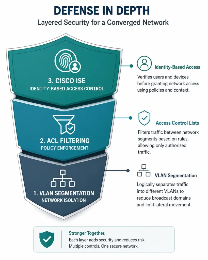 The Role Of Switched Networks: From Flat Lans To Hierarchical Design 4 Layered Diagram Showing Vlan Segmentation, Acl Filtering, And Identity-Based Access Control As Stacked Security Layers