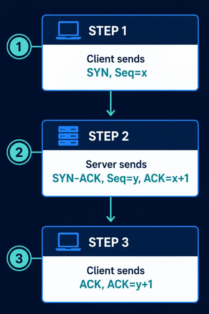 Tcp 3-Way Handshake: How It Works And Why It Matters 2 Three-Step Timeline Diagram Of The Tcp Handshake With Sequence And Acknowledgment Numbers Labeled At Each Step