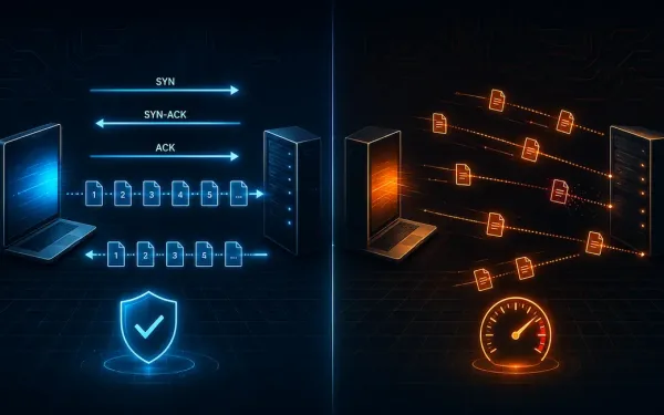 Split Illustration Comparing Tcp'S Orderly Handshake-Based Packet Flow On One Side With Udp'S Faster, Connectionless Packet Scatter With One Lost Packet On The Other