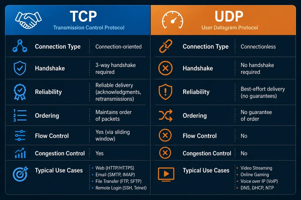 Tcp 3-Way Handshake: How It Works And Why It Matters 4 Side-By-Side Comparison Chart Of Tcp And Udp Connection Models And Typical Use Cases