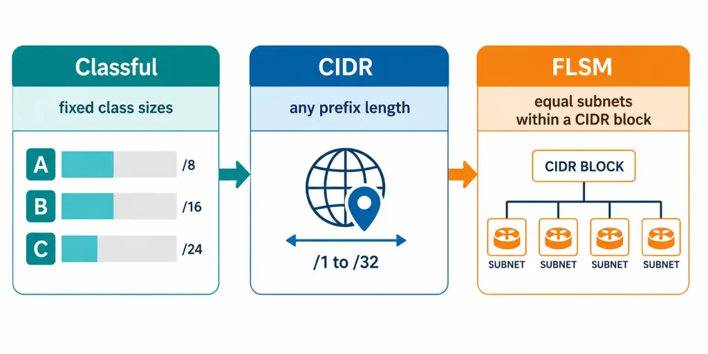From Classful Network Addressing To Cidr And Fixed-Length Subnet Masking 2 Three-Stage Flow Diagram Showing The Progression From Classful Addressing To Cidr To Flsm
