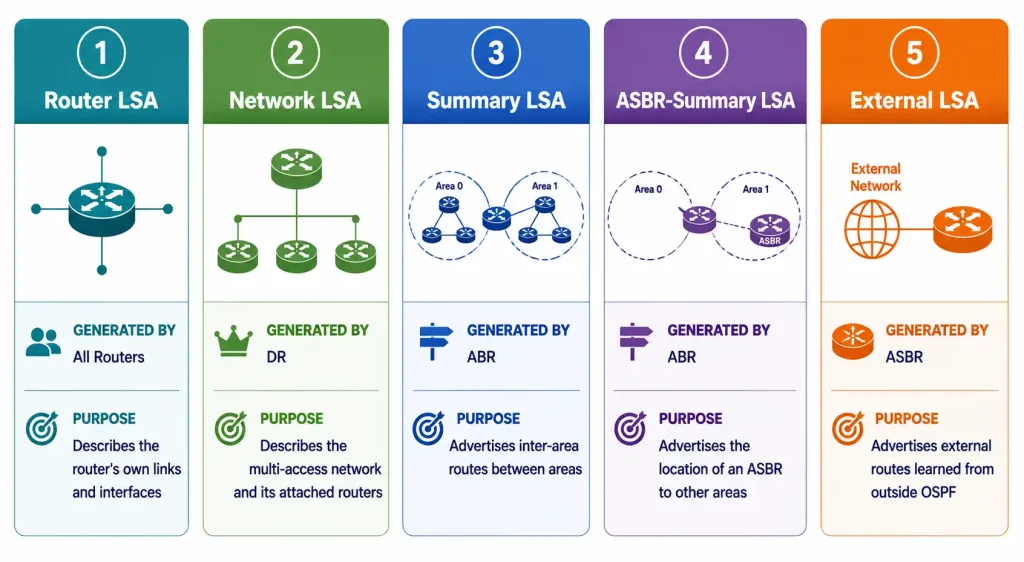 Link-State Routing Protocols Explained: Discovery, Flooding, And The Spf Tree 5 Five Cards Showing Each Ospf Lsa Type, Who Generates It, And Its Purpose