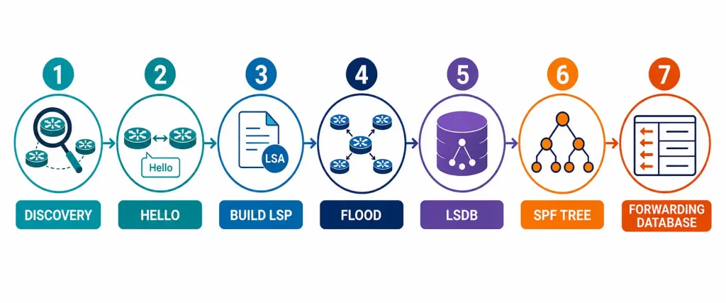 Link-State Routing Protocols Explained: Discovery, Flooding, And The Spf Tree 2 Seven Numbered Icons Representing Each Stage Of The Link-State Process
