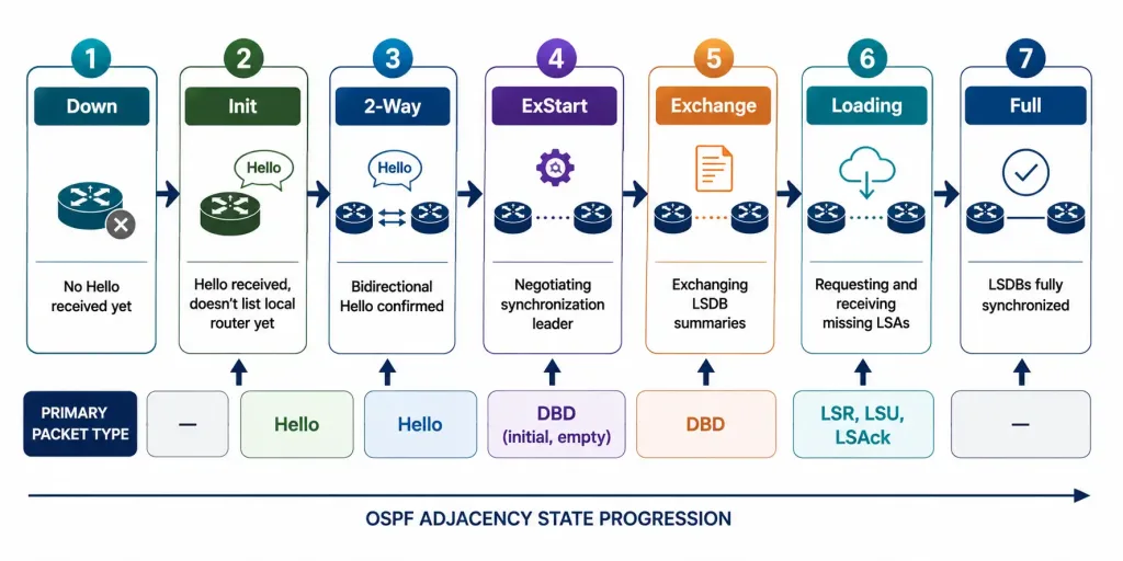 Ospf Packets Types: Hello, Dbd, Lsr, Lsu, And Lsack Explained 3 Even-Stage Diagram Showing The Ospf Neighbor State Machine And Which Packet Type Drives Each Transition