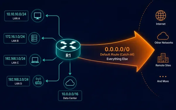 A Router With Specific Routes To Nearby Networks And One Wide Catch-All Default Route To Everything Else