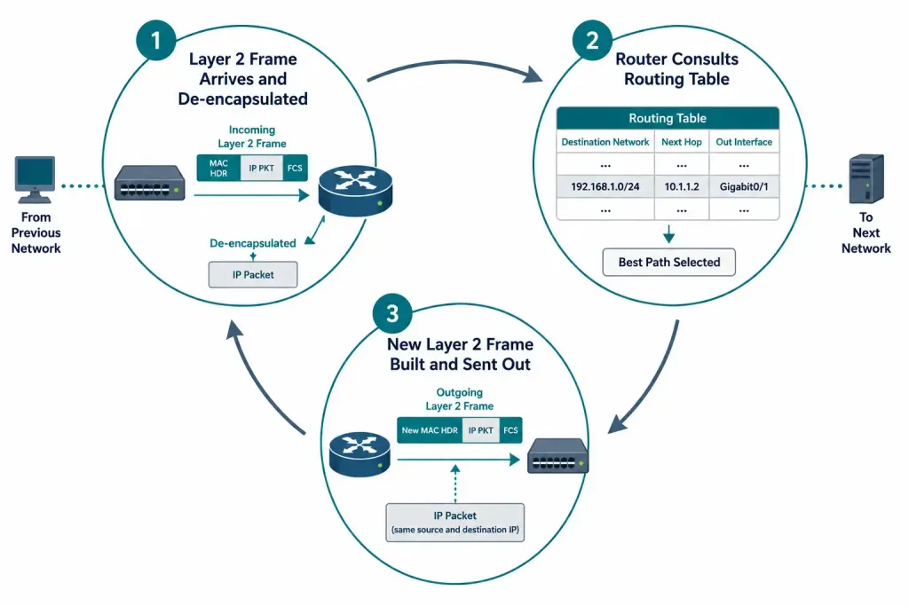 The Router Switching Function: Encapsulation, De-Encapsulation, And Mac Address Changes 2 Circular Diagram Showing The De-Encapsulate, Route, And Re-Encapsulate Cycle A Router Performs On Every Packet