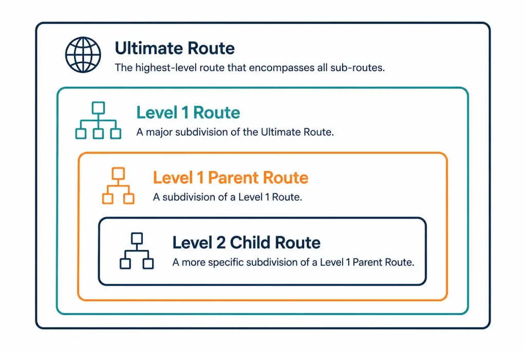 Best Route, Routing Table Terms, And The Lookup Process 2 Nested Diagram Showing How Ultimate, Level 1, Parent, And Child Routes Relate To Each Other