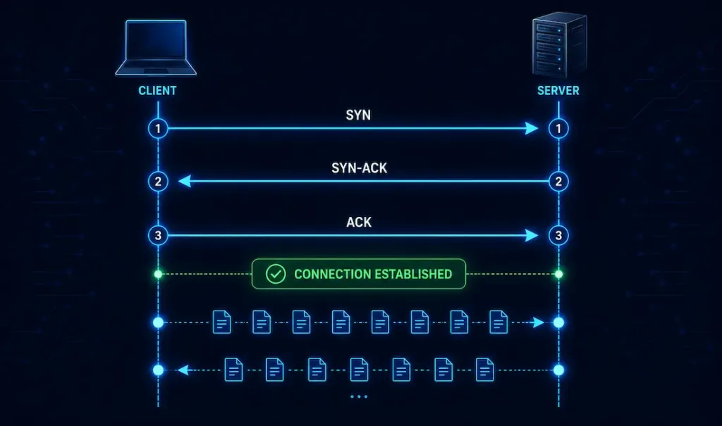 Tcp Vs Udp: Transport Layer Protocols Explained 2 Sequence Diagram Showing The Tcp Three-Way Handshake Between A Client And Server — Syn, Syn-Ack, And Ack — Followed By Established Data Flow