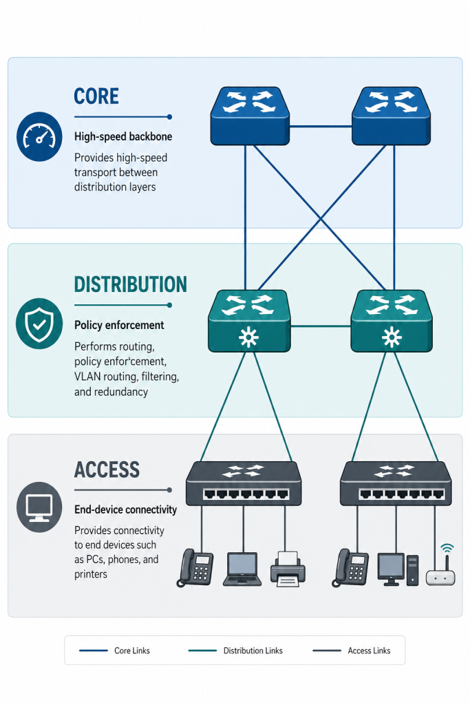 The Role Of Switched Networks: From Flat Lans To Hierarchical Design 3 Three-Tier Diagram Showing The Core, Distribution, And Access Layers And Their Functions In A Hierarchical Network