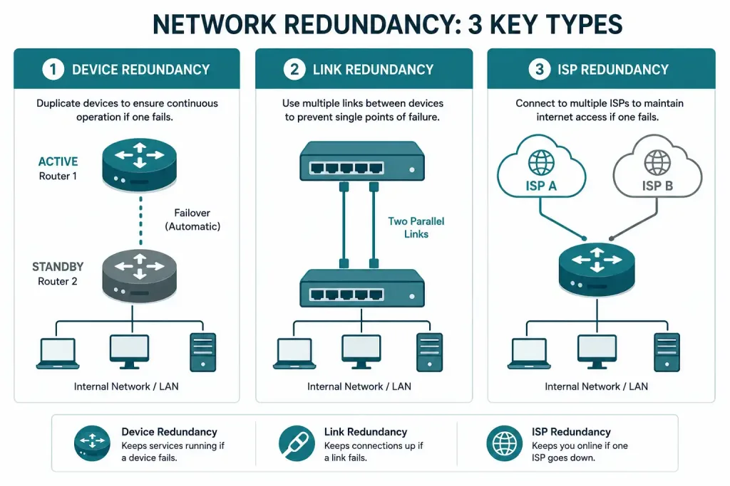 Redundancy And Traffic Management For Small Networks 2 Three-Panel Diagram Showing Device, Link, And Isp Redundancy Types